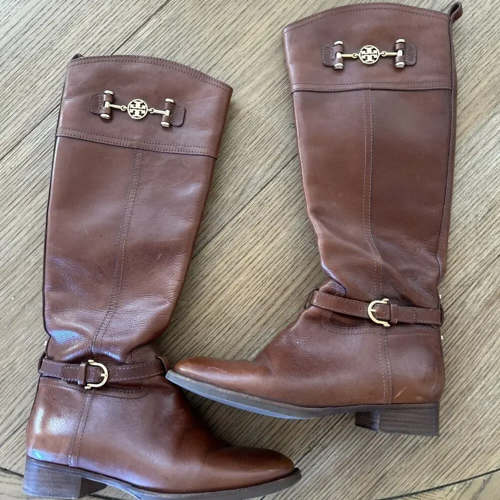 Tory Burch Sienna Brita Tall Riding Boots 8 Brown Equestrian Classic Logo Gold‎